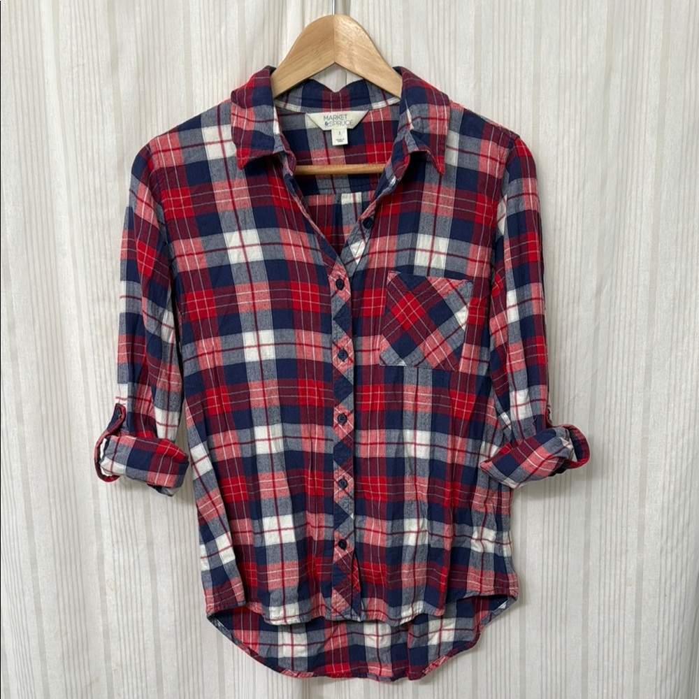 Market & Spruce Jillianne StitchFix red white and blue plaid button up flannel - Picture 2 of 8